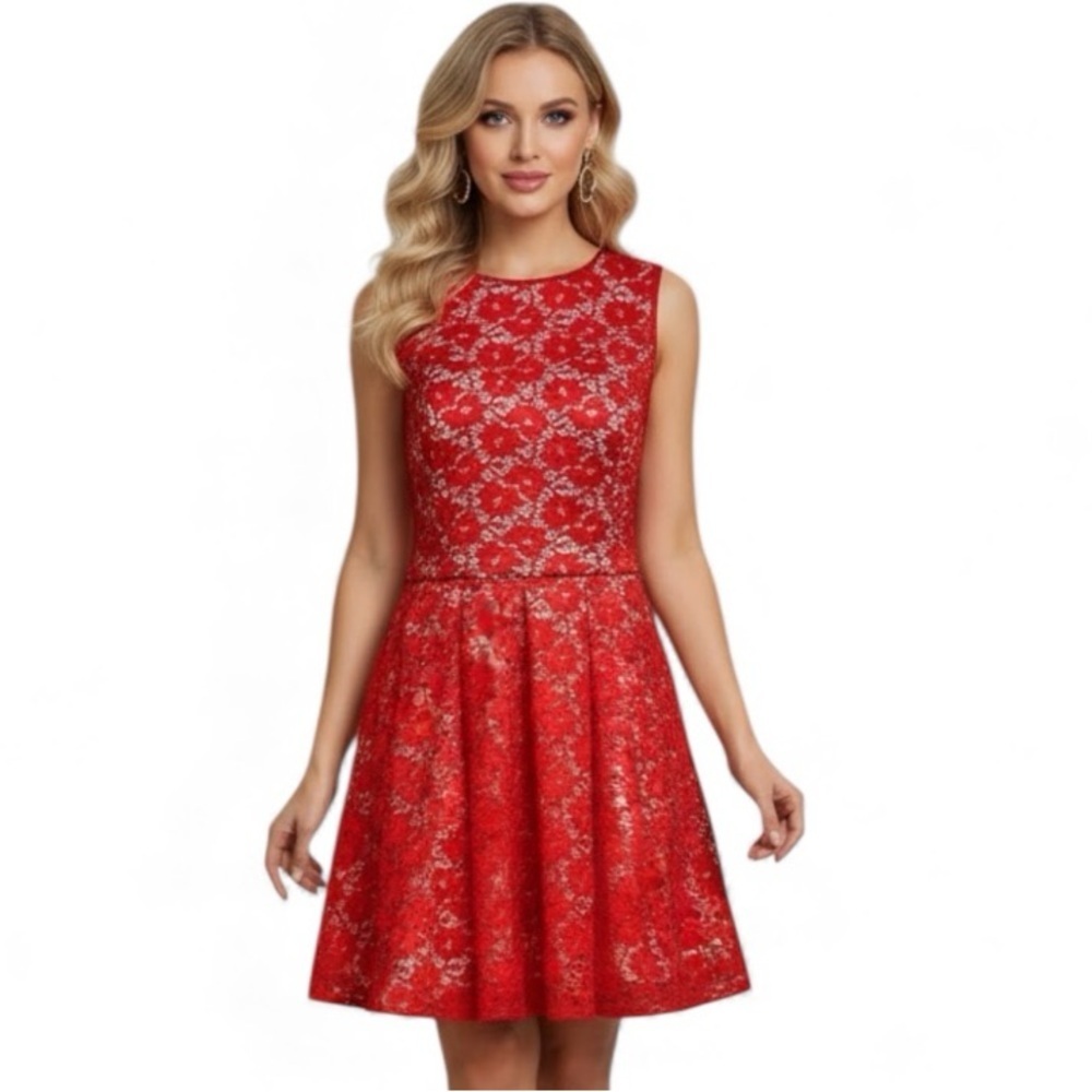 Xscape Red Nude Lace Overlay Cocktail Homecoming Dress Size 10